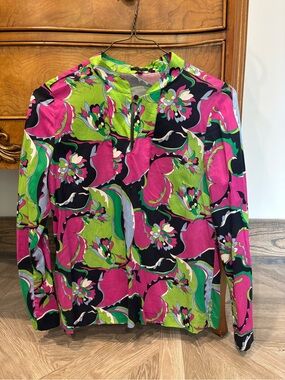 Talbots Pink, Green & Black Floral Print Long Sleeve Blouse size 8
